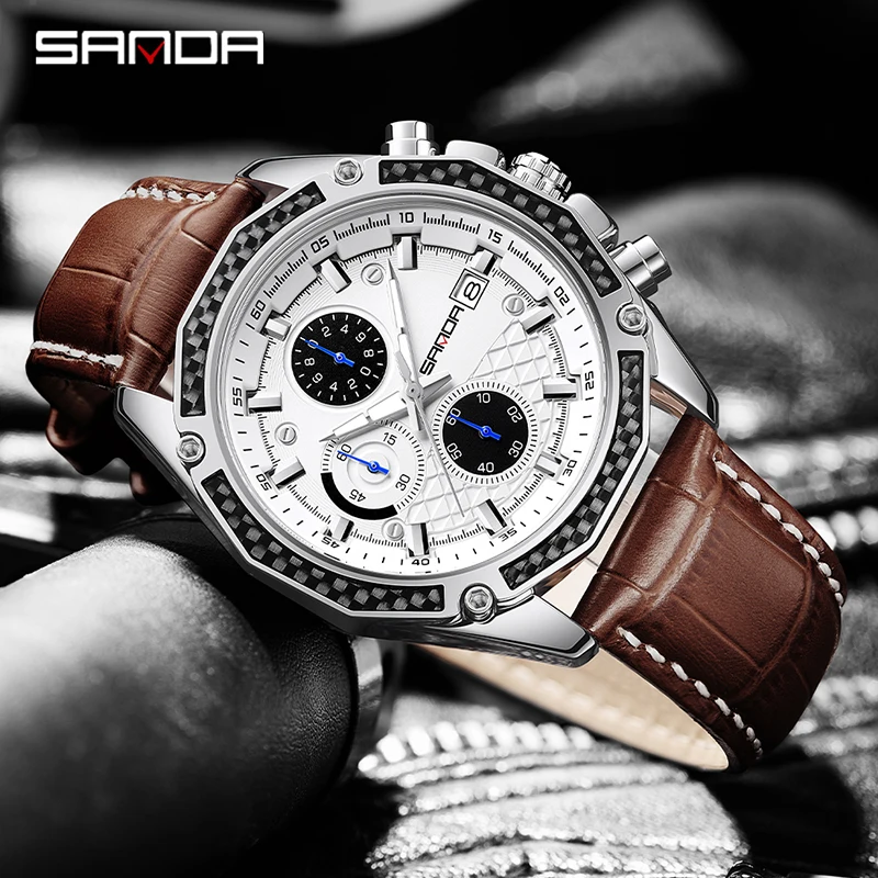 2023 SANDA New Quartz Watch Belt with Three Eyes and Six Needles Fashion Trend with Calendar Men's Fluorescent Quartz Watch 5301