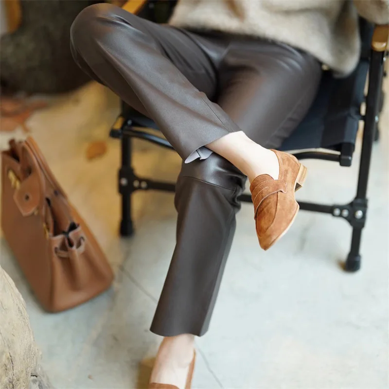 

2023 Genuine Leather Pants Are Simple and Versatile, Casual Pants with Elastic Waist and Slimming Straight Leg Pants. Elastic Ma