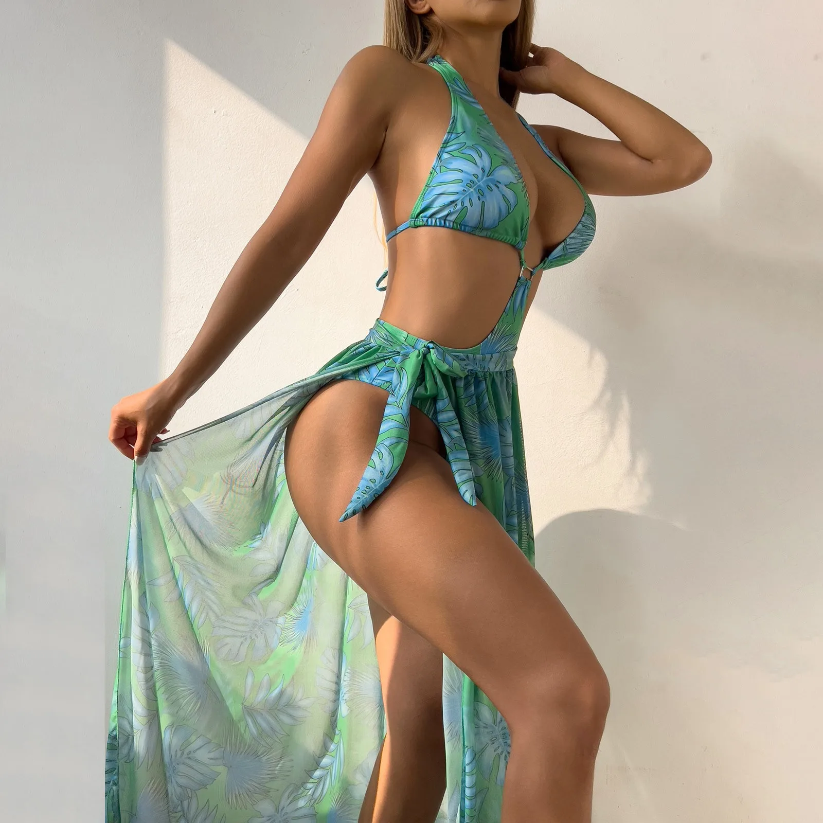 

Пикантный слитный купальник с оборками и зеленым цветочным принтом 2024, женский купальный костюм с открытой спиной и вырезами, бикини, пляжные юбки, купальник