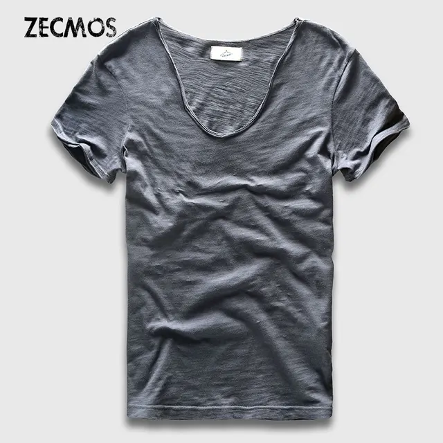 Hommes T-Shirt de base solide coton col en V coupe ajustée mâle mode t-shirts à manches courtes top t-shirts 2017 marque 1