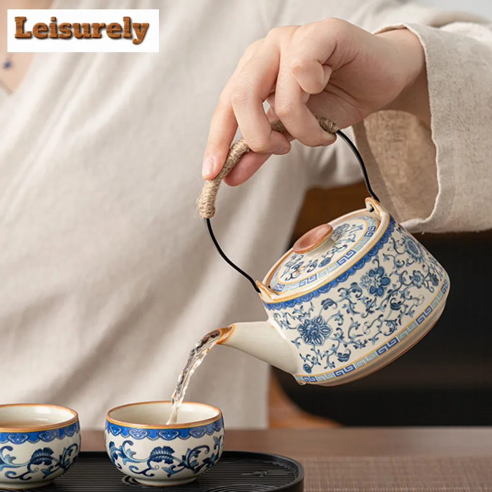 High End Cream Ru Kiln Art Hand Grasping Teapot Traditional Anti-scald Pot Tea Maker Kettle with Strainer Dahongpao Teaset Gift