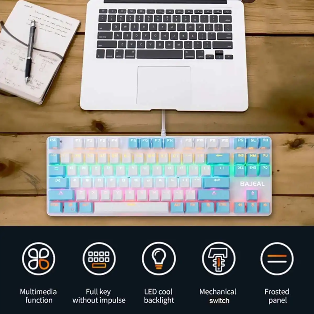 Bajeal K100 87 Teclas Wired Gaming Teclado Mecânico Duas Cores Azul Interruptor Led Backlight Teclado para Computador Portátil Gamer Computador - Imagem 2