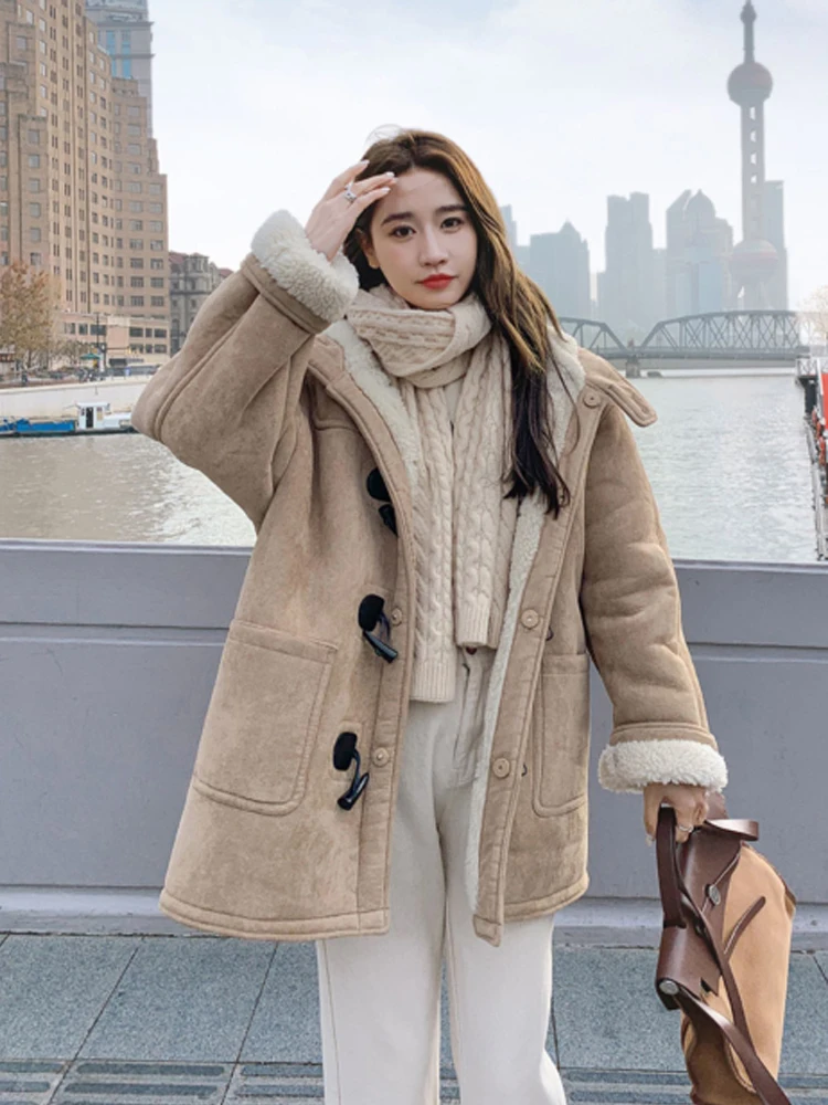 Korean Style Women's Autumn Winter Warm Coat Khaki Hooded