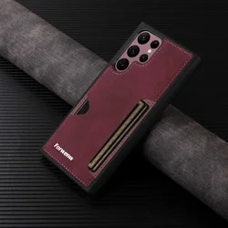 Vintage Leather Card Slot Case - Premium Retro Design Cover for Galaxy (S25 S24)Plus (Red)