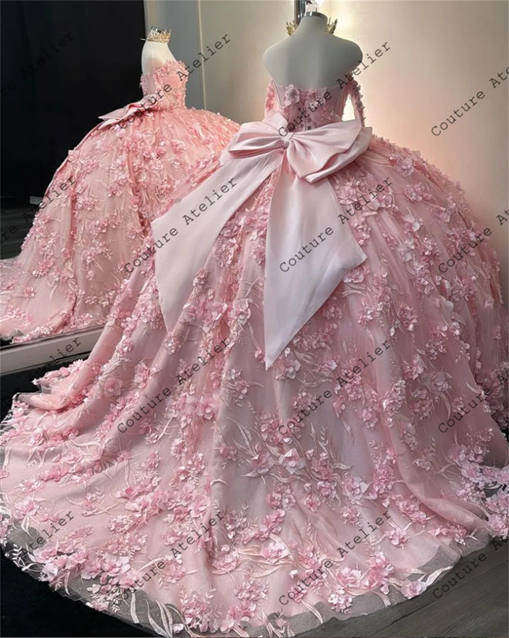 Pink 3D Flowers Three Quarter Sleeve Quinceanera Dresses Ball Gown Bow Sweetheart Sweet 16 Dress Wedding Customized