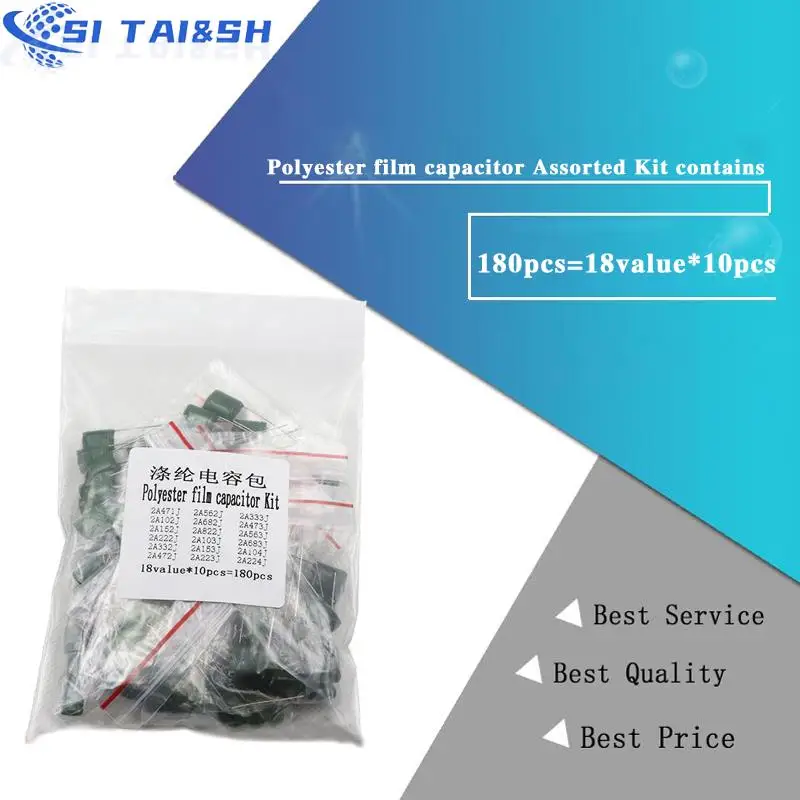 180pcs=18value*10pcs Polyester Film Capacitor Assorted Kit Contains