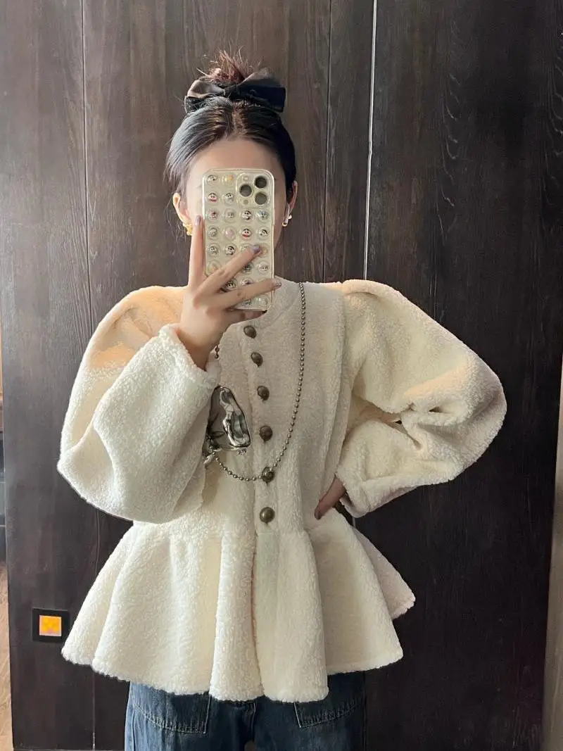 Korea Skirt Style Lamb Velvet Sweet Coat Chic Buttons Single Breasted Ruffles Coats Korean Solid Puff Long Sleeves Jacket chic washed solid denim skirt female fashionable casual streetwear women high waist asymmetric buttons short jean skirts summer