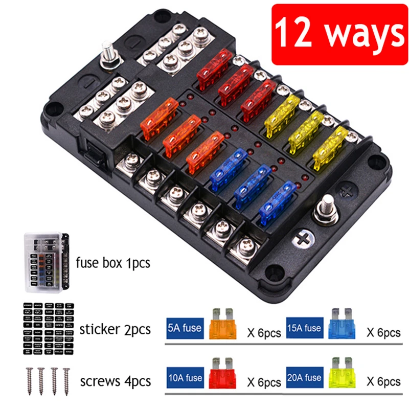 Car Boat Fuse Box Holder With 12 Way Blade Fuse Holder Block & Warning