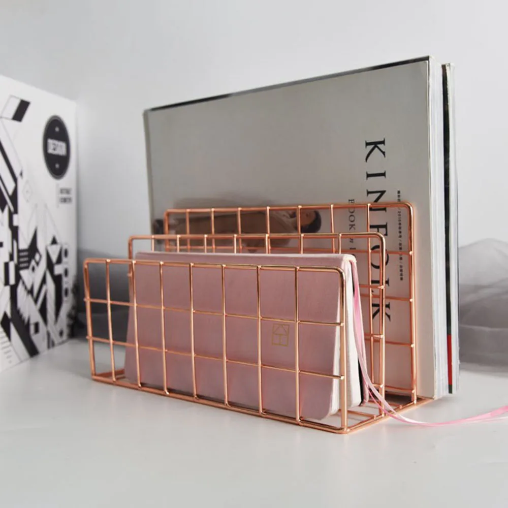 Office Table Storage Holder Simple Wrought Iron Newspaper Rack Rose Gold Shelf Bookstand Book End Gold Metal Magazine Organizer