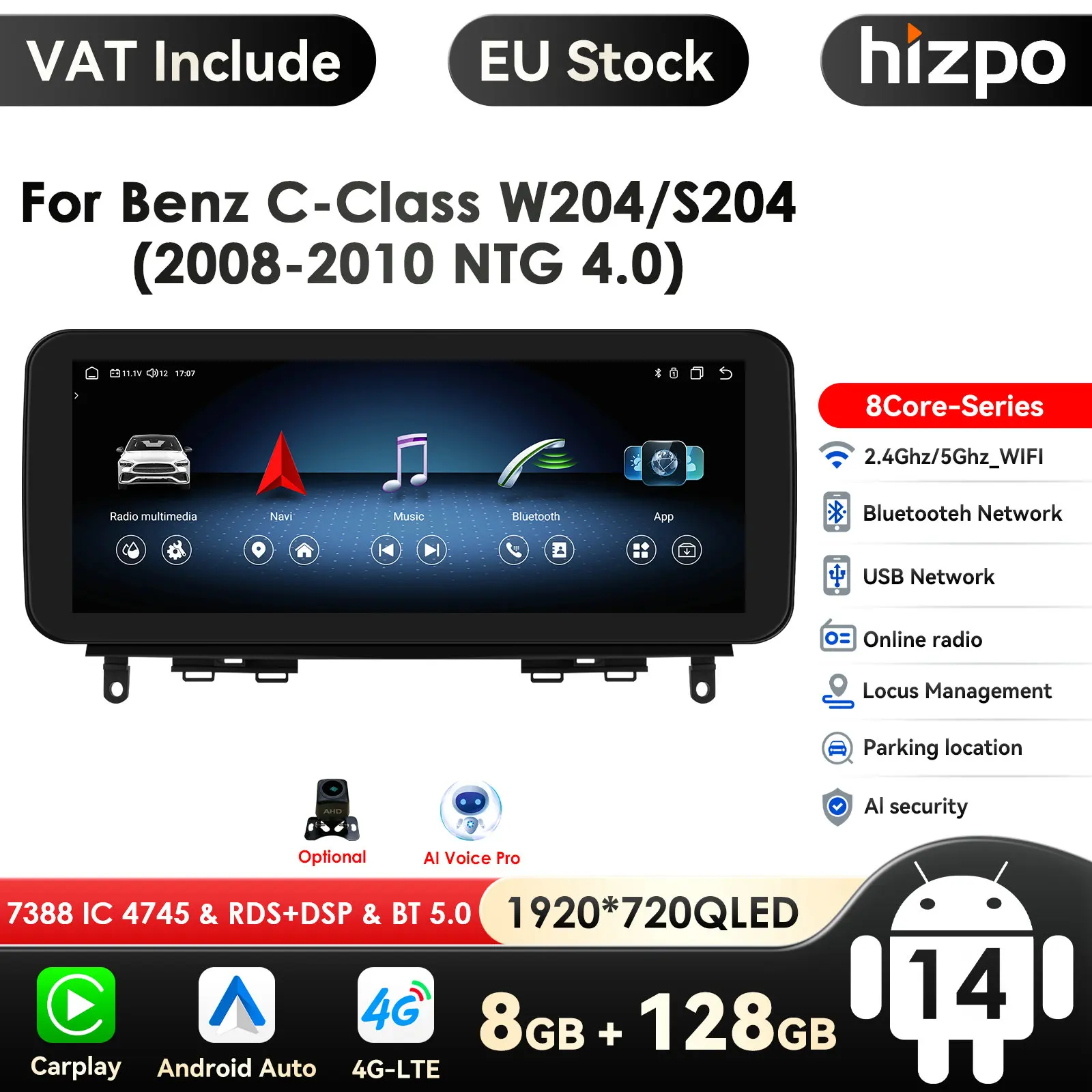 Reproductor Multimedia para Automóvil Android para Benz Clase C W204 S204 2008-2010 NTG 4.0 Radio Navegación Estéreo Carplay Autoradio GPS 8+128G 1