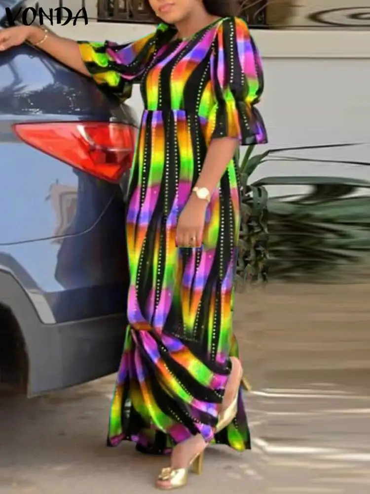 

Женское длинное платье VONDA, летнее богемное платье с полурукавами-фонариками, повседневный винтажный свободный Сарафан Макси с принтом, 2024