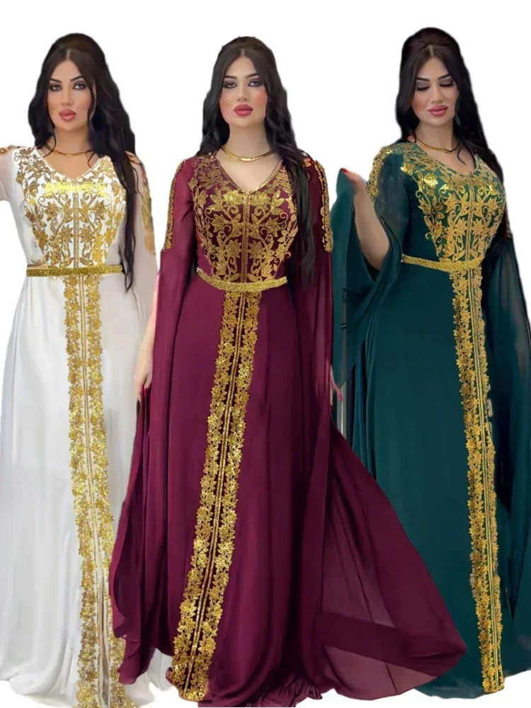 Long Sleeve Party Dress for Women Muslim Abaya Sequins Chiffon Elegant Maxi Vestidos Morocco Kaftan Turkey