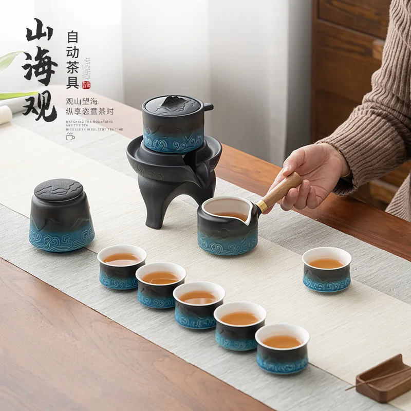 

Mountain and Sea View Lazy People Automatic Tea Set Kung Fu Tea Set Tea Funnel Tea Making Pot Ceramic Tea Maker Blue Tea Set