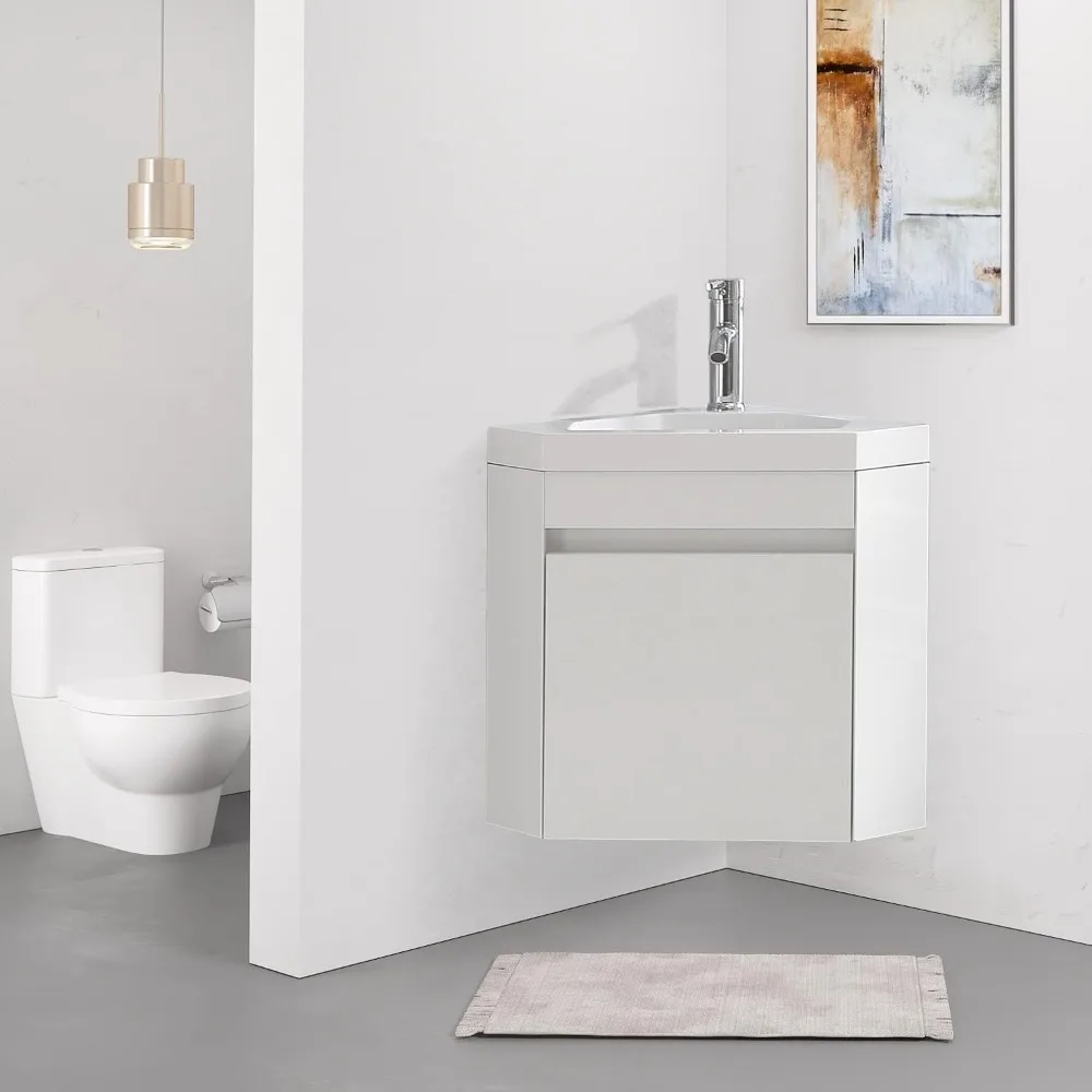 16" Corner Bathroom Vanity Sink Combo, Wall Mounted Cabinet Set, w/ Basin Sink Top Chrome Faucet and Drain, Bathroom Vanity