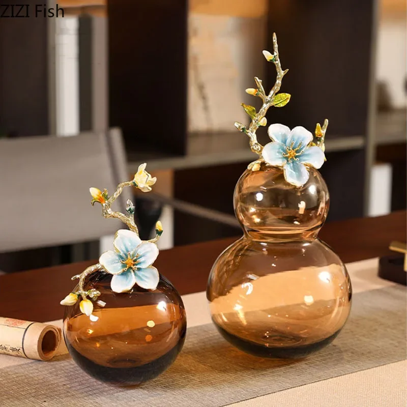 

Vases Vase Ornaments Colored Decorative Pots Flower Decoration Spherical Gourd Brown Arrangement Enamel Floral Glass