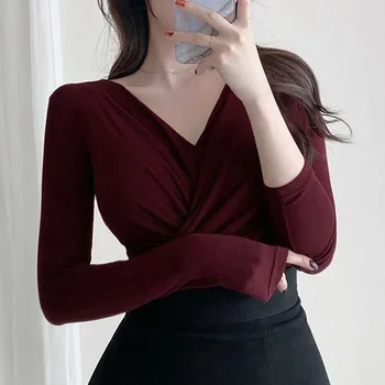 الإناث الكورية نمط الملابس النسائية ربيع الخريف مثير سليم الأبيض تي شيرت للنساء كم طويل بلايز Mujer الخامس الرقبة بلايز تيز