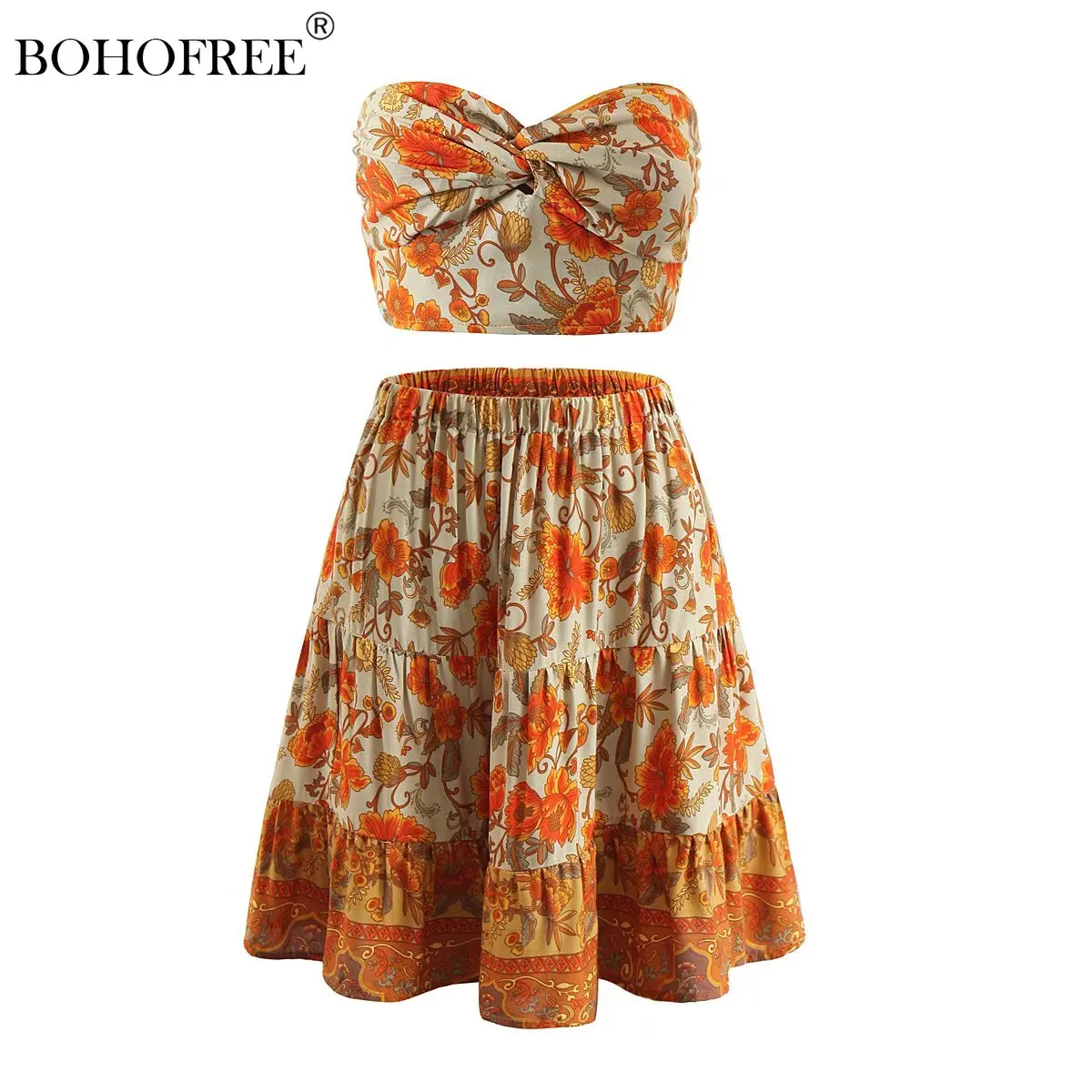 

Vintage Women Floral Print Two Piece Outfits Sleeveless Tops Bohemian Drawstring Mini Skirts 2 Pieces Rayon Cotton Boho Sets