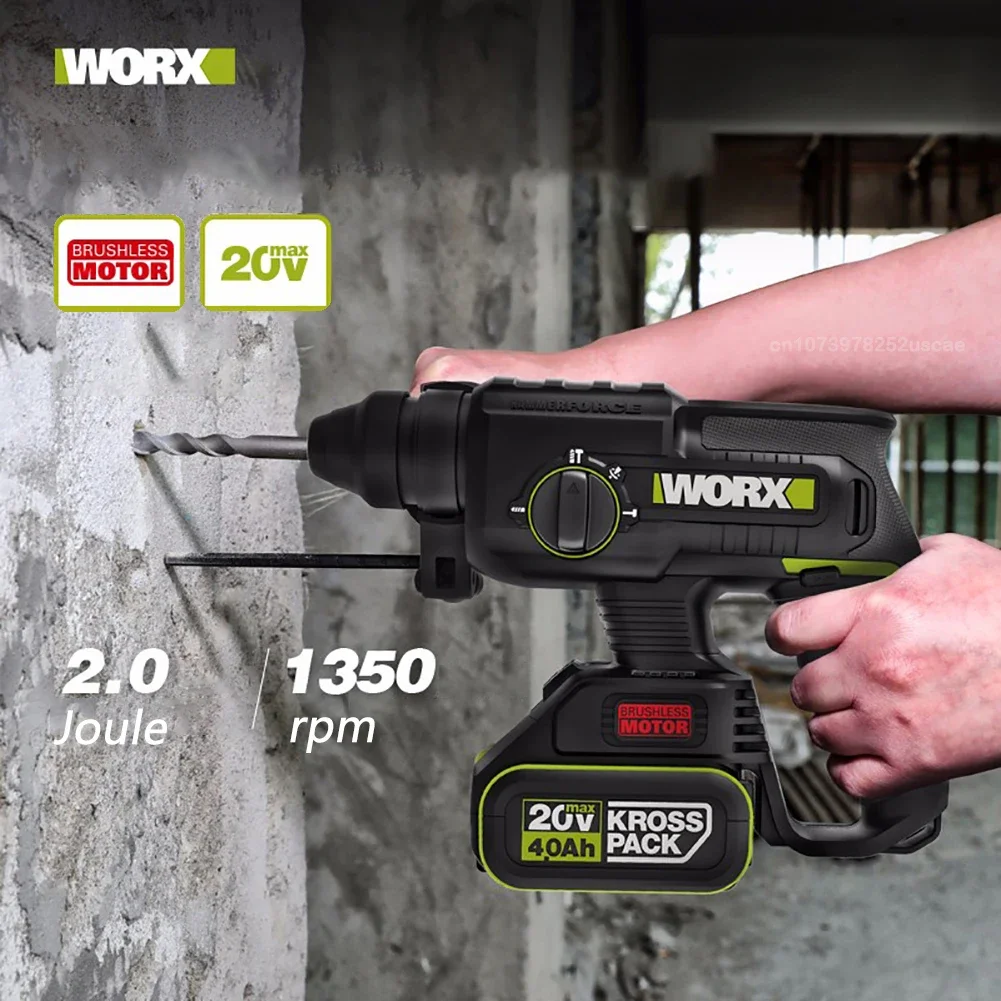 Worx Heavy Duty Cordless Rotary Hammer Brushless Motor WU386 20v 1350rpm Impact 2J 4700bpm PowerShare Green Battery Platform 2