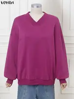 VONDA Fashion Elegant Women Sweatshirts Long Sleeve Solid Pullovers 2025 Autumn V-Neck Casual Jumpers Loose Shirts Plus Size 5XL