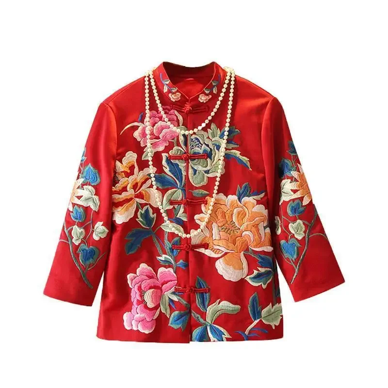 Chinese Style Tang Suit Jacket Spring and Summer National Style Embroidered Peony Short Cheongsam Blouse Female