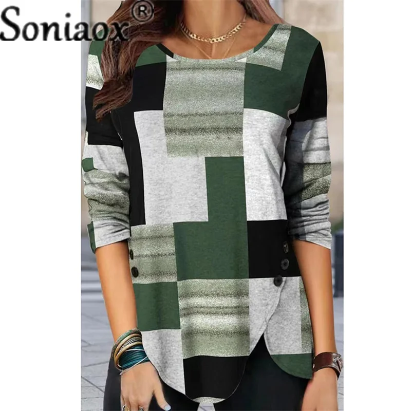 

2022 New Autumn Loose Irregular Button Splicing Tees Women's T-shirt Elegant O Neck Long Sleeves Cotton Plaid Casual Office Tops