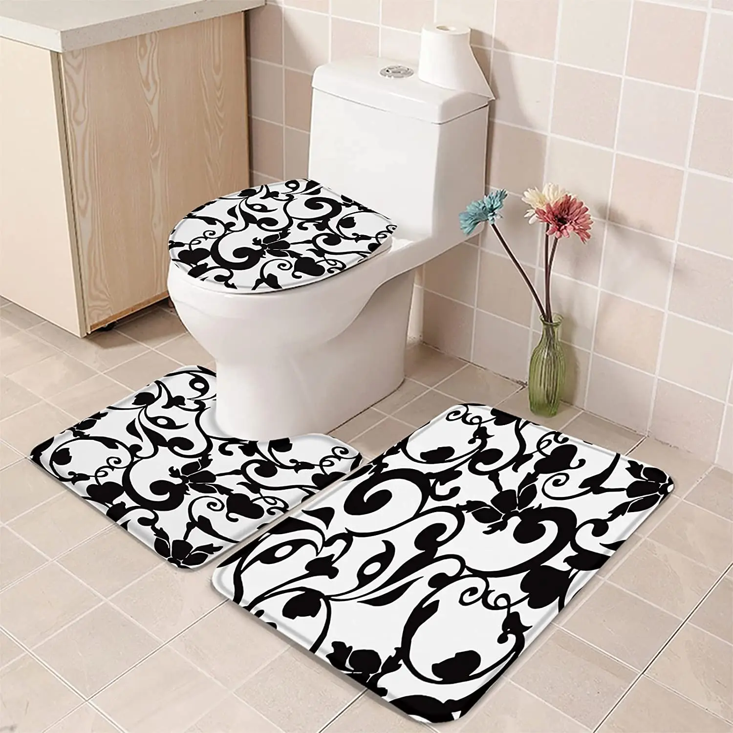 Beautful Baroque Damask Black White Floral Elegance Flowers Bath Mat Carpet  Rug 3 Piece U-Shaped Contour Mat Toilet Mat Set - AliExpress