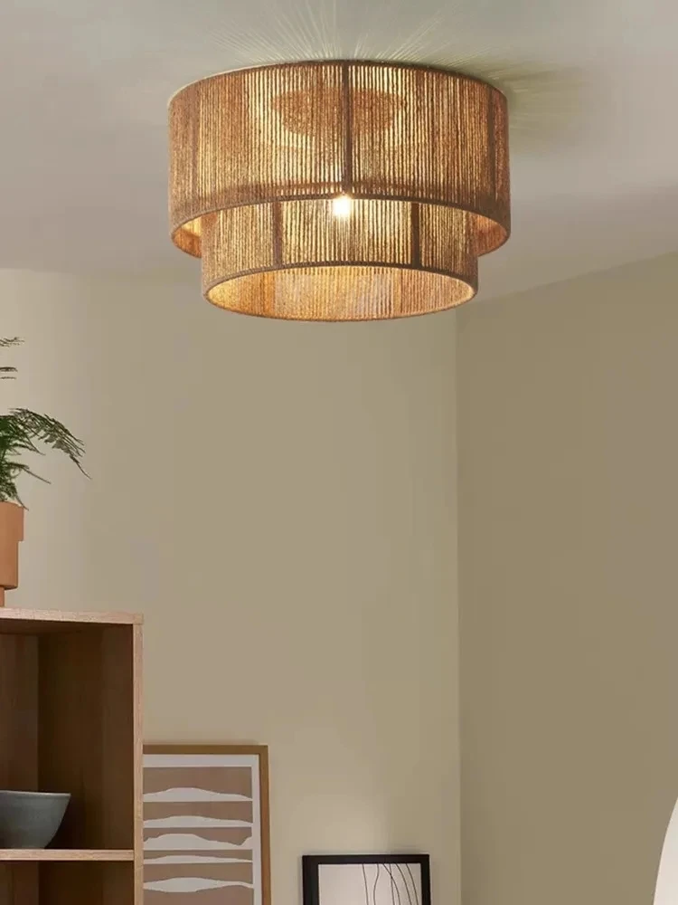 Vintage Hemp Rope Pendant Light Handmade Rattan Chandelier for Living Room Bedroom Restaurant Hemp Rope Round Pendant lamp 4