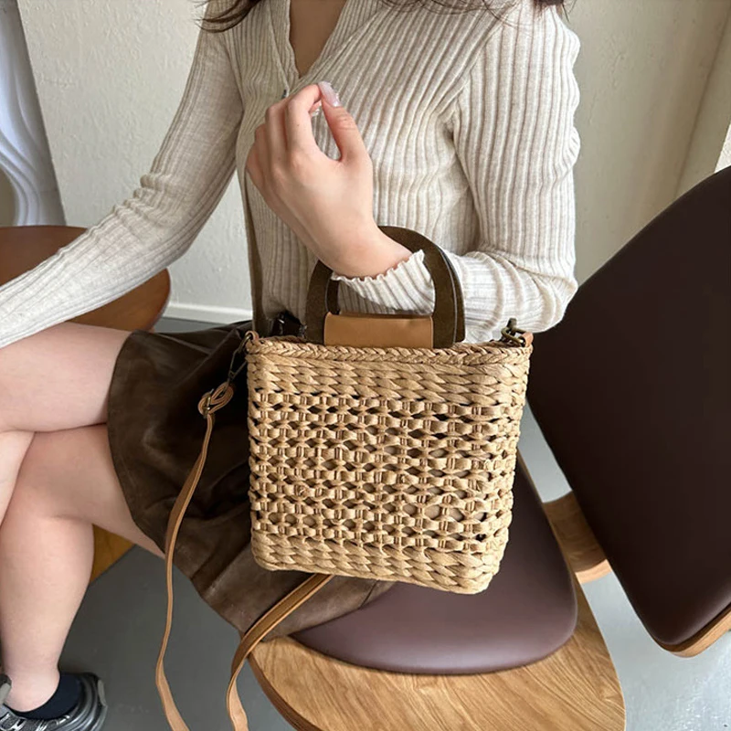 Bohemian Summer Straw Beach Bag Women's Casual Large Capacity Crossbody Handmade Lady Purse with Handle