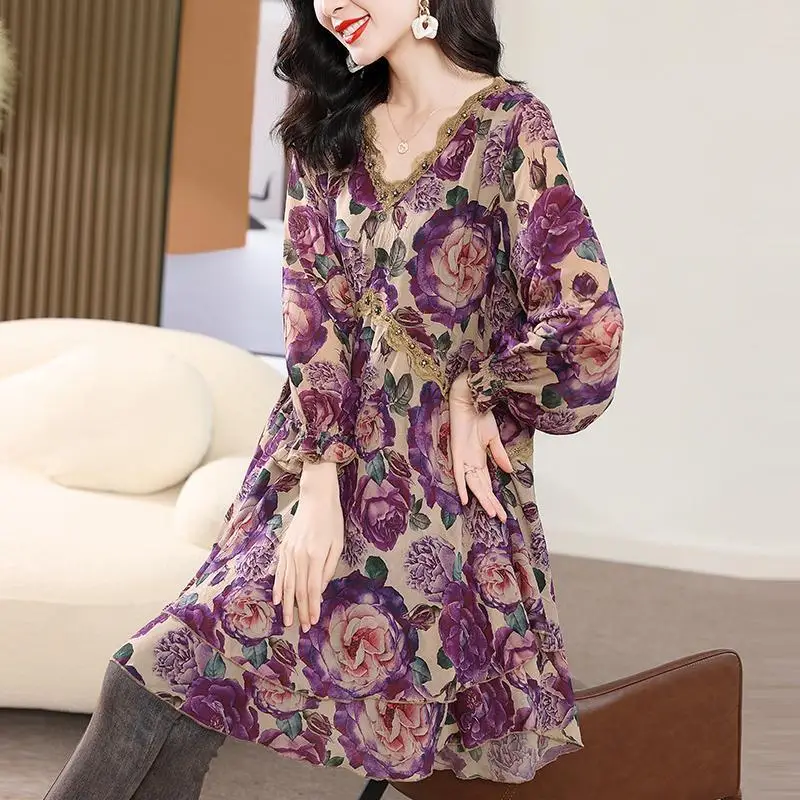 Elegant Ruffles Spliced Printed Beading Lace Blouse Women's Clothing 2023 Autumn New Casual Pullovers Chiffon Office Lady Shirt