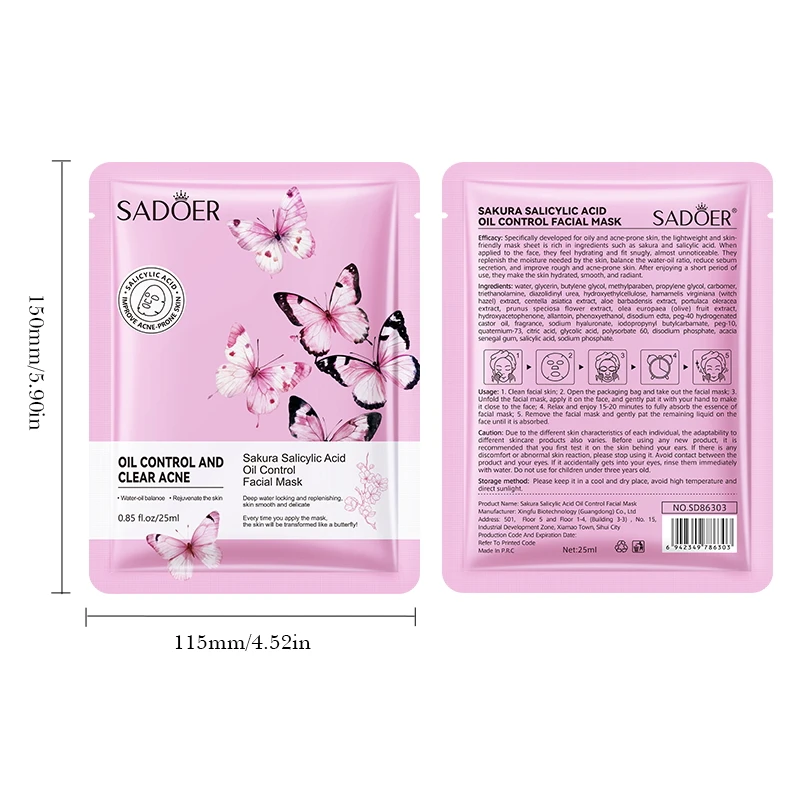 SADOER Sakura Salicylic Acid Face Mask Moisturizing Anti Acne Hydrating Oil Control Anti-Aging Facial Masks Sheet Mask Skin Care