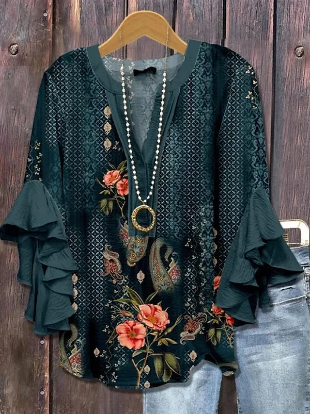 Damen-Bluse mit Blumenmuster und Rüschenärmeln, Lässige Weite Passform, Weiches Bequemes Hemd für Tägliches Büro-Tragen