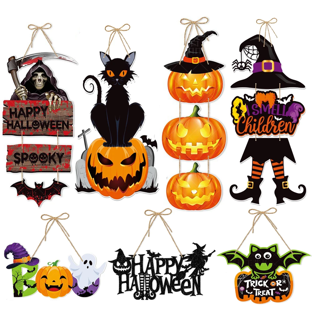 

2023 Halloween Pumpkin Hanging Sign Spooky Witch Bat Trick or Treat Banner Front Door decor Halloween Party Decorations for Home