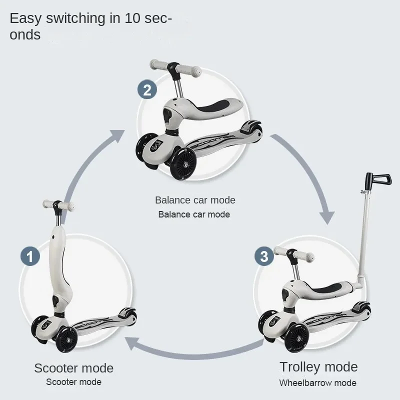 

4 in 1 Scooter Children 2-3-6-12 Years Old Boy and Girl Baby Infant Three-in-one Can Sit, Ride, Slide and Push with Safety Ring