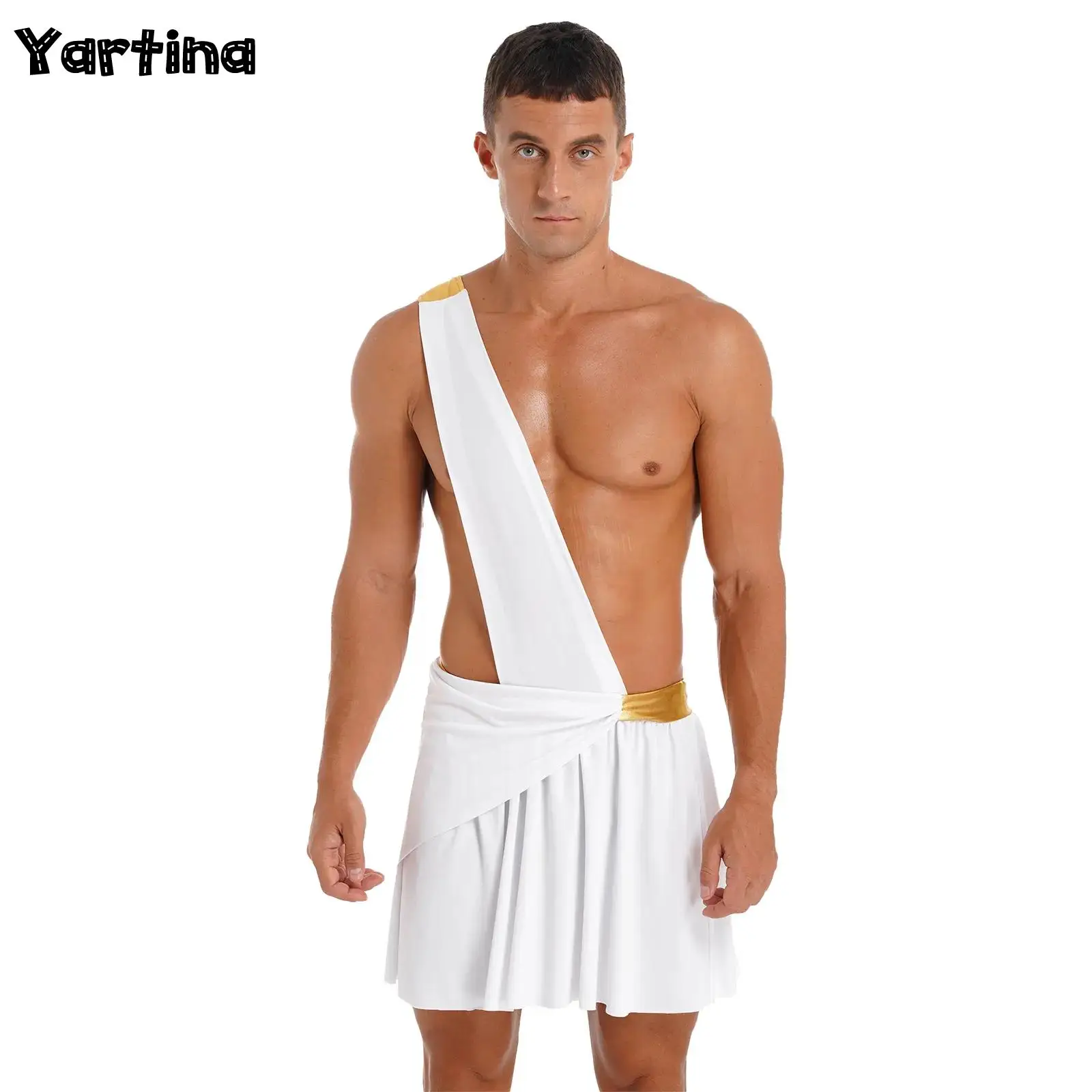 

Mens Halloween Mythology Ancient Greek Knight Warrior Cosplay Costume Gladiator Roman One Shoulder Strap Waistband Ruffle Skirt