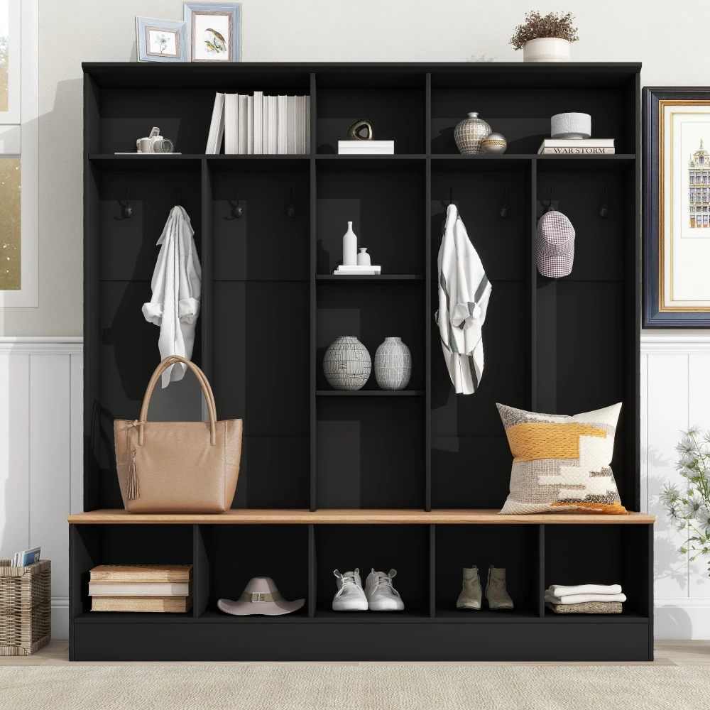 Wide Design Hall Tree with Storage Bench, Minimalist Shoe Cabinet with Cube Storage & Shelves, Multifunctional Coat Rack
