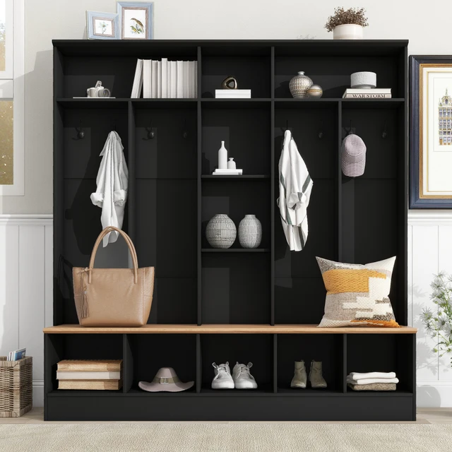 Wide Design Hall Tree with Storage Bench, Minimalist Shoe Cabinet with Cube Storage & Shelves, Multifunctional Coat Rack