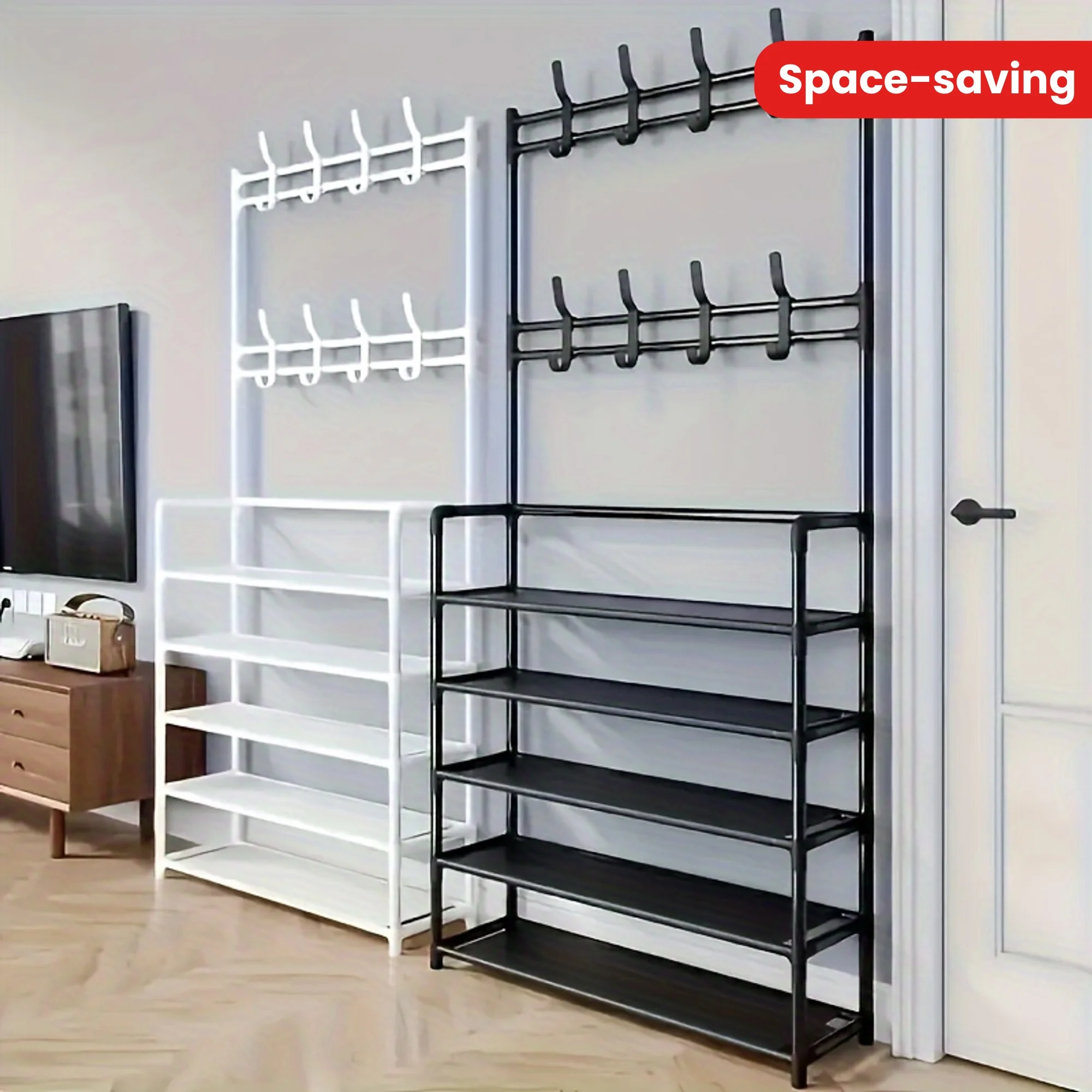 Heavy-Duty Multi-Layer Shoe Rack With Clothes Hat Hangers Floor Storage Organizer For Living Entryway Living Room