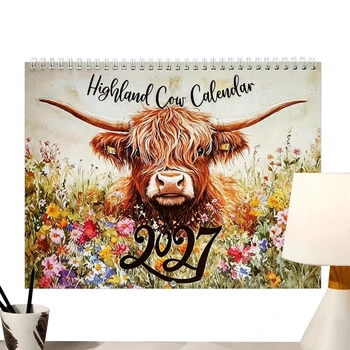 Calendario da parete Highland Cow Series 12 bellissimi design, agenda mensile 2027, perfetto regalo per compleanni e per la casa