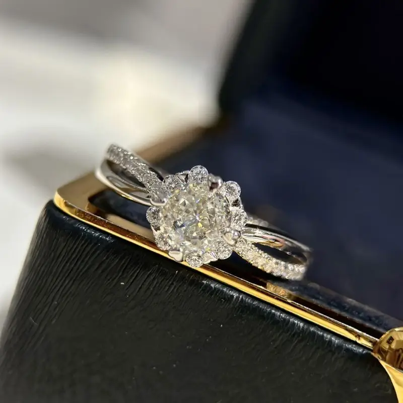 

Paris France luxury brand S925 silver flower bud cross half diamond ring high quality for love charming wedding gift