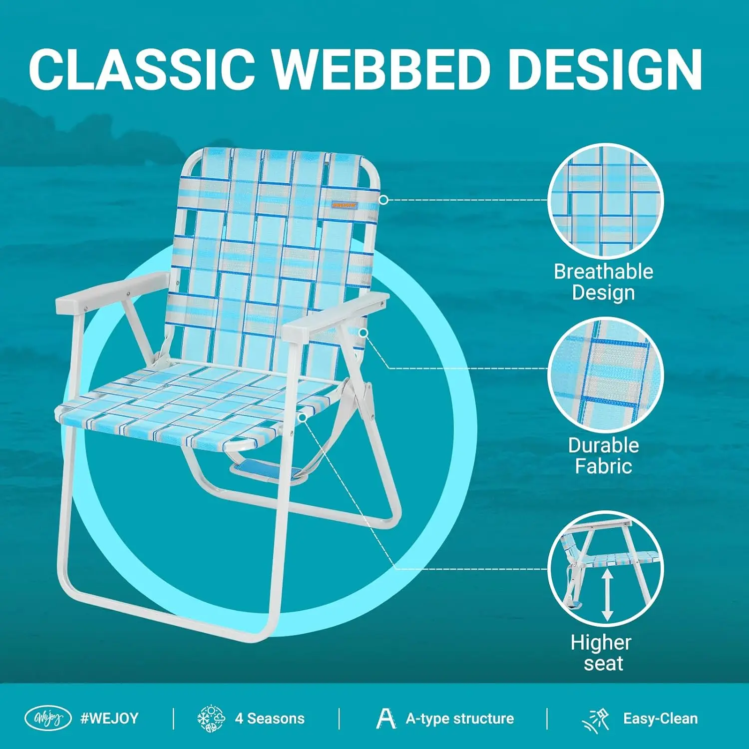 Folding Webbed Chair. Heavy Duty. Portable Outdoor. Hard Armrest. For Camping, Garden, Concerts, BBQ. 265 LBS.
