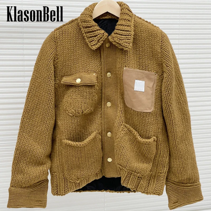 

11.17 KlasonBell Fashion Letter Multiple Pocket Lapel Single Breasted Coarse Yarn Knit Thick Jacket Coat Men Women Same