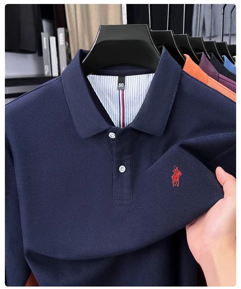 100% reine Baumwolle Luxus Herren Langarm-Poloshirt Designer-Marke Paul mit Pony-Stickerei Weicher Komfort Frühling Herbst Casual T-Shirt – Detail 30