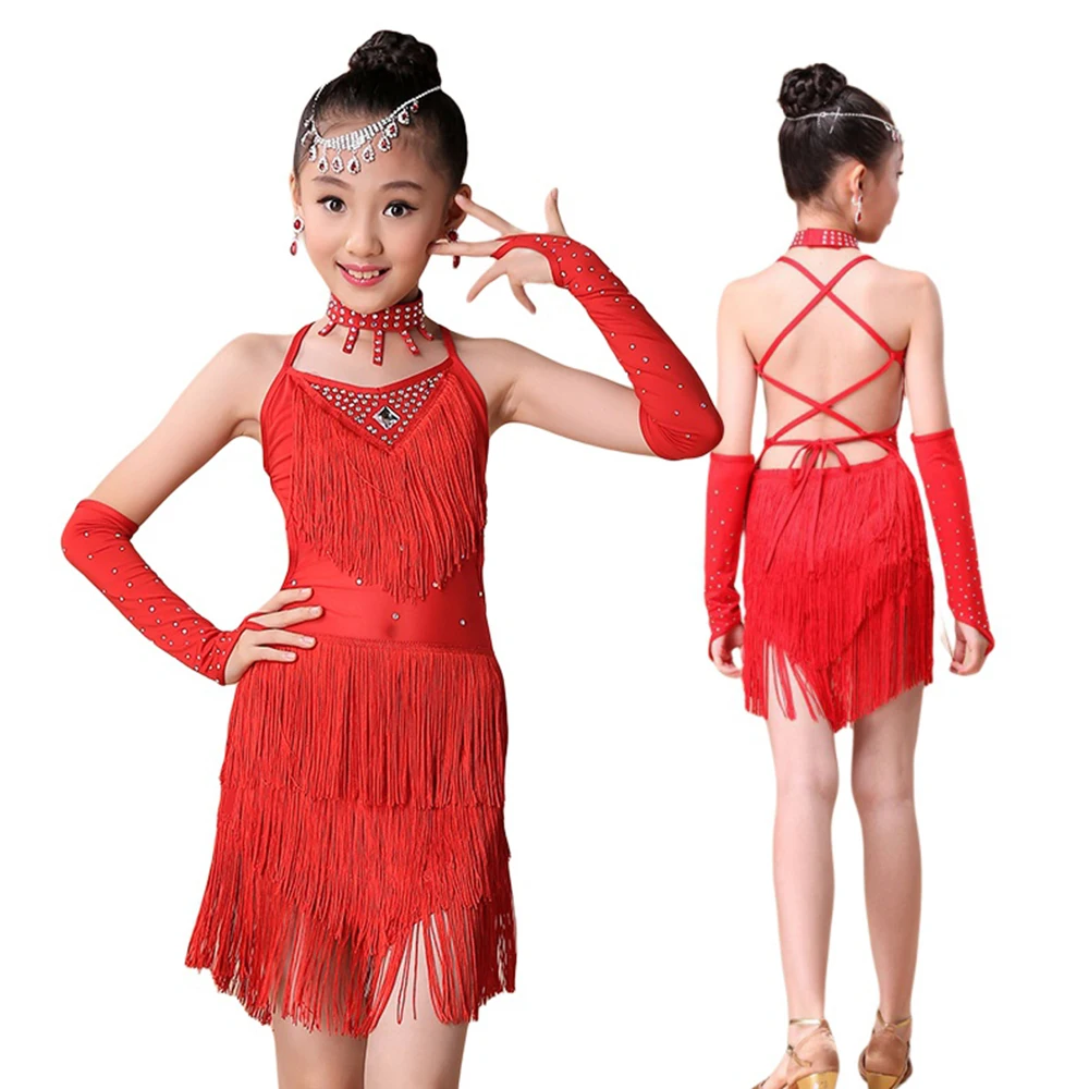 Vestido De Baile Latino, V-neck, Lentejuelas Y Borlas, Para Mujer, Largo Rodilla, Sin Mangas
