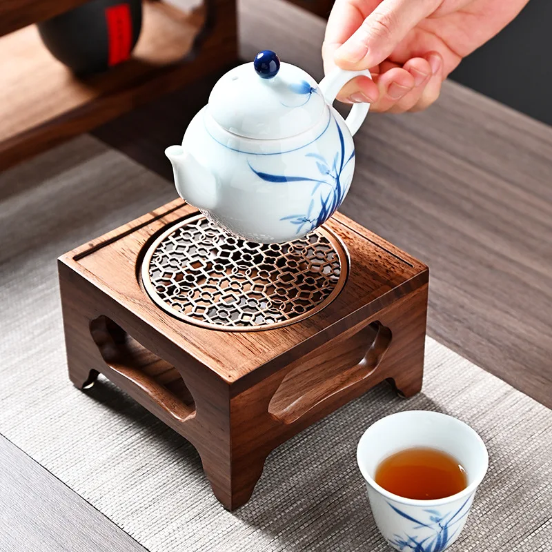 Zen Walnut Four-Legged Tea Stove, Handmade Solid Wood Heating Base, Chinese-Style Tea Cooker for Aromatherapy and Ceremony