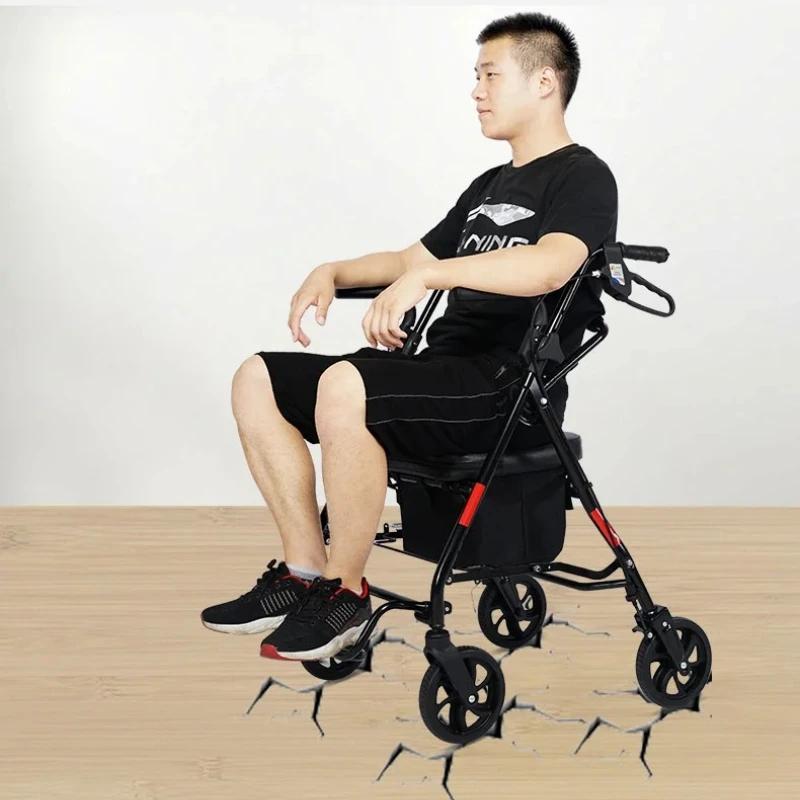 Armrest Folding Can Sit Walking Stick Chair Mobility Aids Portable Travel Elderly Trolley Shopping Four-wheeled Walking Cart 4