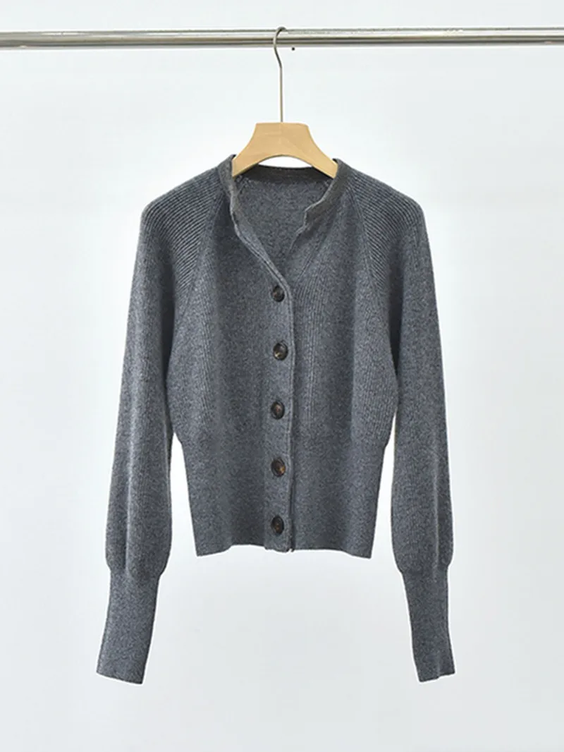 

Women's Beaded Round Neck Gray Cardigan Top 2023 Autumn New Ladies Long Lantern Sleeve Slim 100% Cashmere Sweater Coat