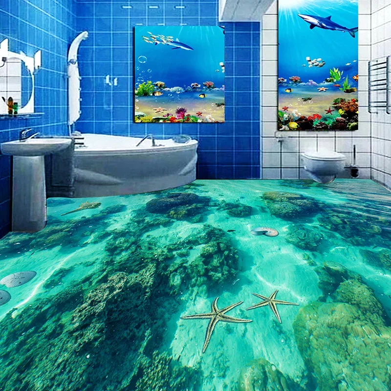 Custom 3D Floor Wallpaper Underwater World Toilet Bathroom Bedroom Floor Mural PVC Waterproof Self-adhesive Papel De Parede 3D