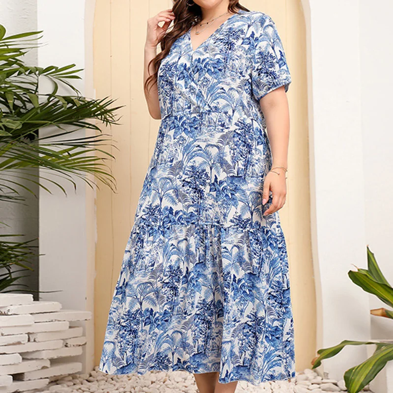 Plus Size Female Clothing Trendy V-Neck Design of Scattered Small Flower Sand Plants Print Lacing Short Sleeve Loose Midi Dress