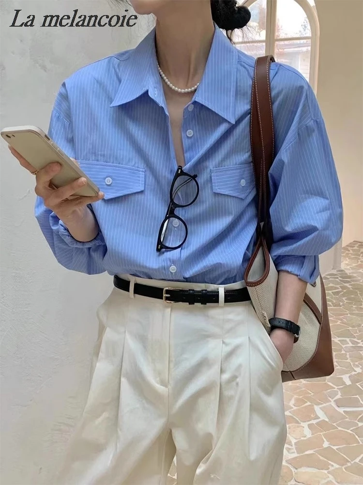 

Женская рубашка в полоску, Повседневная Свободная офисная блузка в Корейском стиле с отложным воротником, однотонные топы, весна-лето 2024