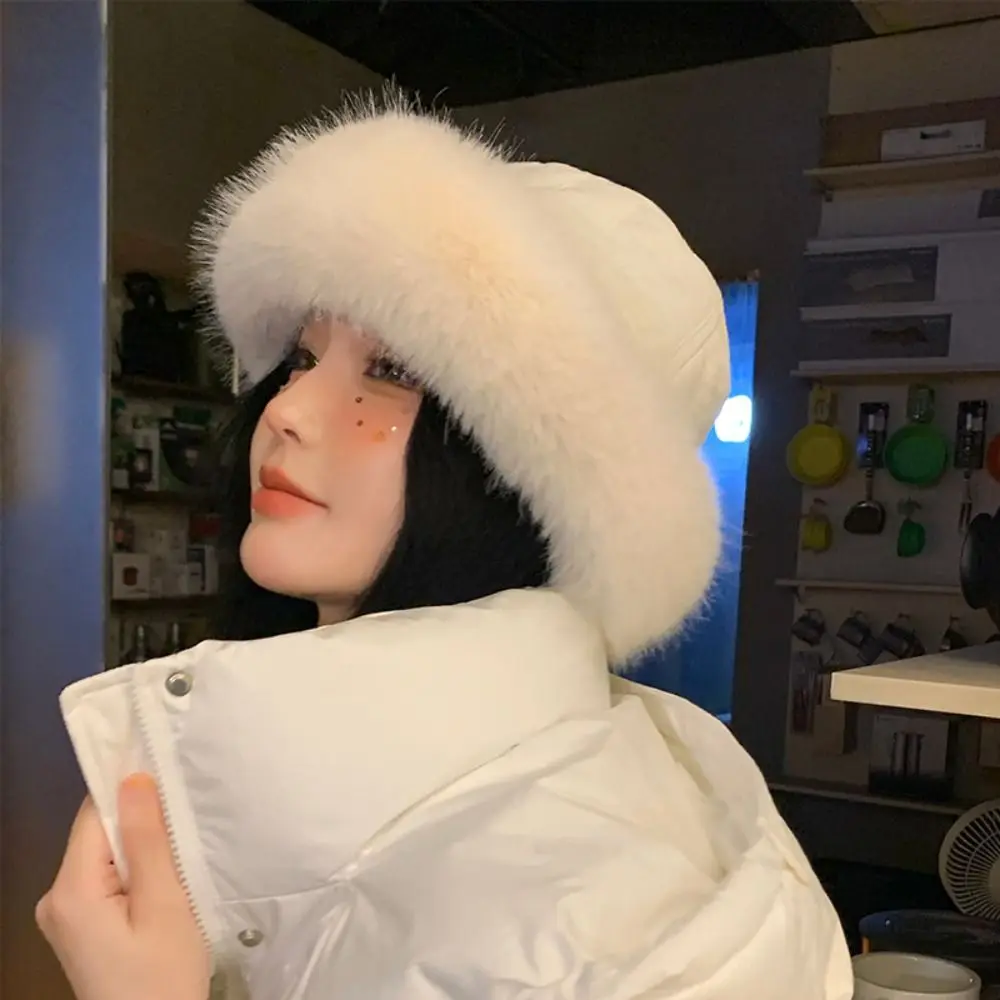 

Y2K Fluffy Imitation Rabbit Hair Bucket Hat Women Warm Thick Plush Winter Hat Lady Luxury Party Snowy Day Panama Fisherman Cap